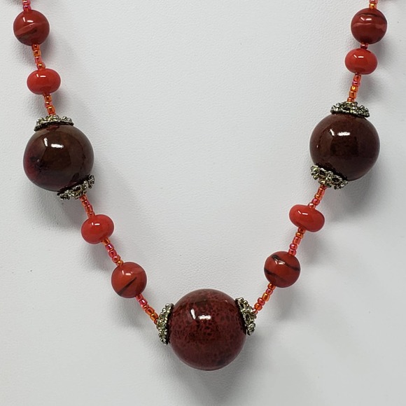 You and I Orange Red Chunky Glass Bead Necklace - Picture 2 of 6